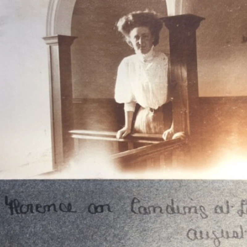 “Florence on landing at Linthwaite” – showing the staircase which still exists today